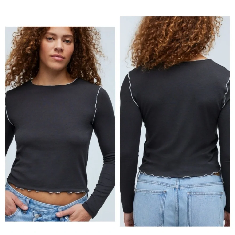New Madewell Contrast Stitched Crewneck Crop Lightweight Tee Shirt Black Coal M - Picture 1 of 11